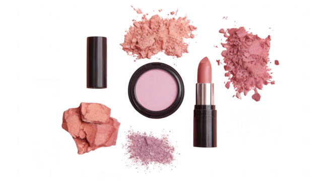 Makeup set with blush, lipstick, and eye shadow on a pastel pink background, png, transparent