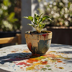Painterly Scene of a Small Plant in Paint-Splattered Pot on Artistic Table 