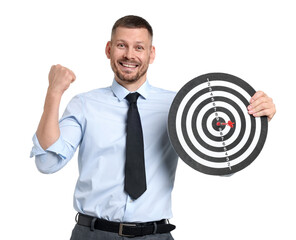 Targeting. Man with dart board and arrow on white background
