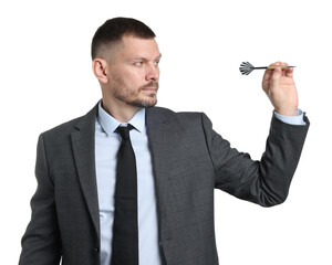 Naklejka premium Targeting. Man with dart aiming on white background