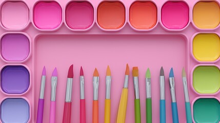 Watercolor palette with brushes and empty mixing well