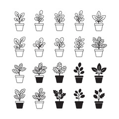 Minimalist Potted Plant Icons A Variety of Indoor Plant Illustrations Depicting Different Leaf Shapes and Growth Styles in Simple Line Art