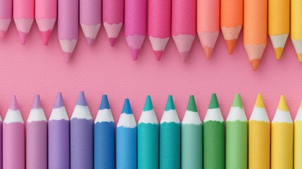 Colored pencils aligned on pink background