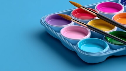 Watercolor paint palette with brush on blue background