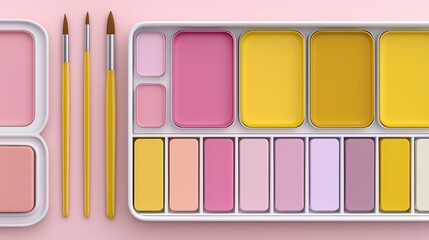 Watercolor palette with pink and yellow paints and brushes