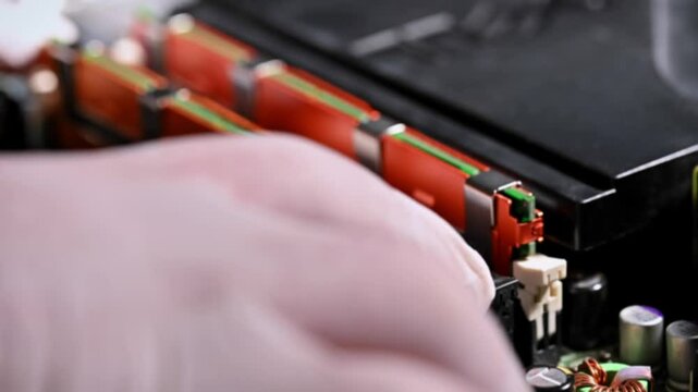 Close-up of Technicians Installing High-Performance RAM Modules in a Modern Computer System