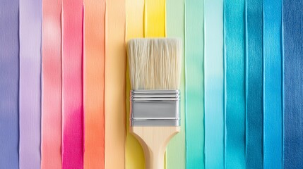Paintbrush resting on multicolored ribbon stripes