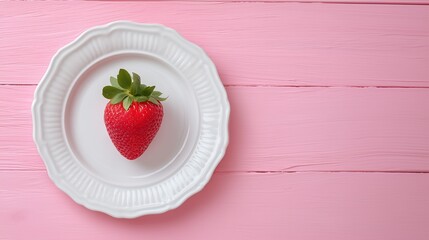 Strawberry on white plate against pink wooden background
