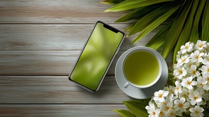 Smartphone with green tea cup and flowers flatlay
