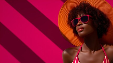 Woman wearing straw hat and sunglasses against red backdrop