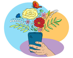 A smartphone in the hand, surrounded by flowers, leaves, and a butterfly above the screen, with three colorful circles in the background. Vector illustration.