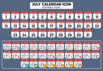July Calendar Icon Collection with Editable Design for Events and Planning, Dates from 1 to 31, and Customizable Icon