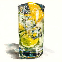 Gin fizz cocktail with ice cubes and lemon slice in a highball glass. Watercolor illustration isolated on white background. Alcoholic drink with citrus and soda.