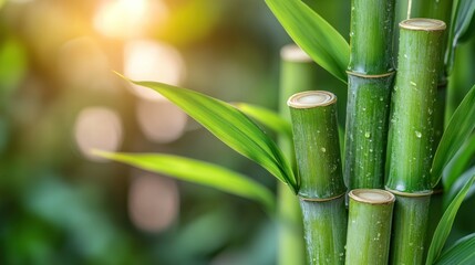 Fototapeta premium Lush bamboo stalks, vibrant leaves, sunlight