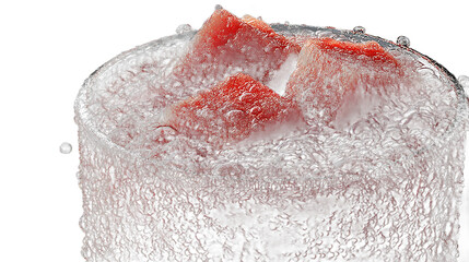 Fizzy Red Drink with Fruit Cubes Closeup Photography