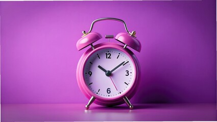 Pink Analog Alarm Clock Set to 10:10 on Vibrant Purple Background Symbolizing Time and Morning Routines
