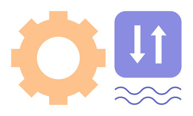 Orange gear symbol next to up-down arrows and waves indicating systems, efficiency, operations, and connections. Ideal for industry, workflow, optimization, management, technology strategy simple