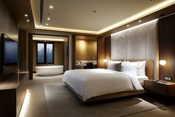 Fototapeta premium Serene Healing Room: Luxurious Hotel Bedroom Interior in Seoul with Elegant Furniture and Cozy Ambiance