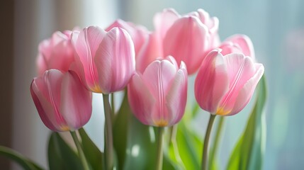 Fototapeta premium Soft pink tulip bouquet arranged in gentle daylight captured in macro for floral design and seasonal calm beauty