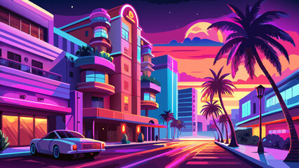 Obraz premium Palm trees sway along Ocean Drive under neon pink and blue lights. Art Deco buildings line the street with glowing windows, while the breeze carries the scent of saltwater. A classic car passes by 