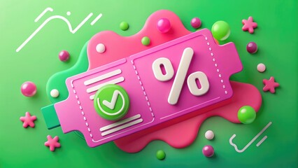 Green Discount Ticket with Checkmark and Percent Symbols on Playful Pink Background Representing Sales and Promotions
