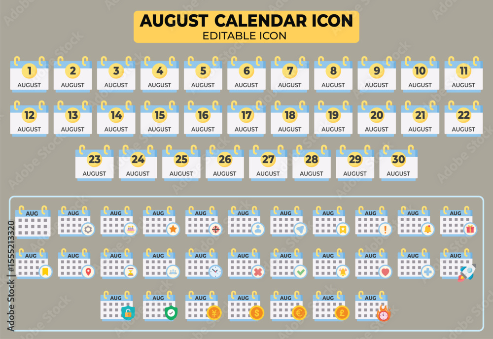 Poster august calendar icon set with editable design elements for scheduling and reminders