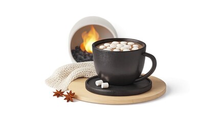 Rustic Mug of Hot Chocolate with Marshmallows by Fireplace Evoking Warmth and Cozy Winter Comfort

