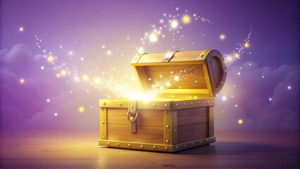 Glowing Yellow Treasure Chest Floating Open with Magical Light on Lavender Background

