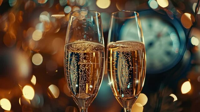 Close-up of champagne glasses with blurred clock background, festive celebration