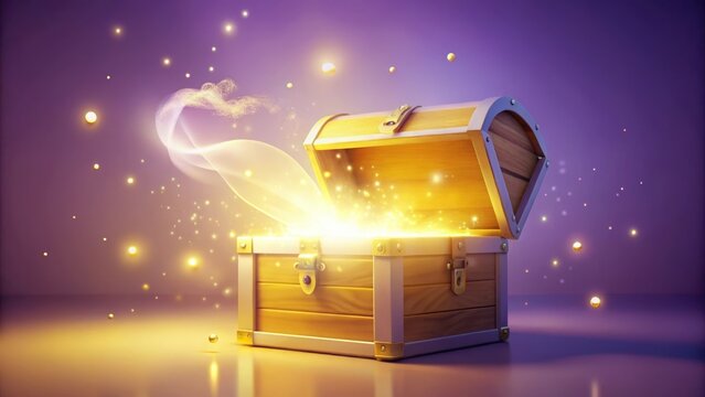Glowing Yellow Treasure Chest Floating Open with Magical Light on Lavender Background
