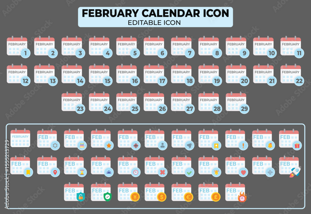 Poster set of editable february calendar icons with dates and symbols, vector illustration for web design, 