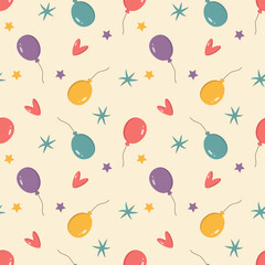 Seamless pattern of balloons, stars, hearts, confetti on a light beige background. Cheerful festive background. Vector illustration