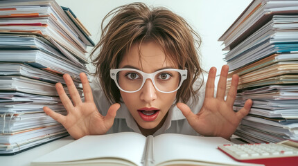 Office stress, close-up shot from a low perspective, showing an overwhelmed woman with freckles and wild hair peering over a desk piled high with binders and papers.