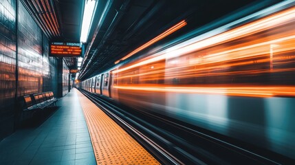 Fototapeta premium Subway Journey: An Empty Train Gliding Through a Cityscape, Capturing the Essence of Travel During Covid Days