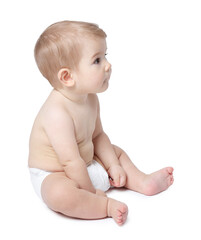 Cute little baby sitting on white background