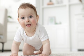 Fototapeta premium Cute little baby crawling on floor at home. Space for text