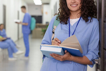 Medical student in uniform with books indoors, selective focus