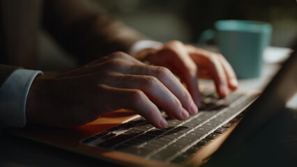Boss hands working late evening closeup. Unknown businessman having deadline