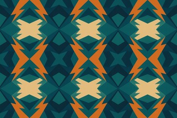 Dynamic abstract composition with sharp edges and zigzag shapes in teal, orange, navy, and beige...
