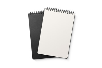 Spiral bound notebook mockup template with black paper cover isolated on a transparent background, PNG. High resolution.
