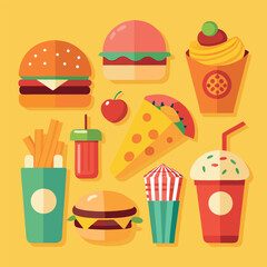 Cartoon Food Icons – Fun and Colorful Food Illustrations in Hand-Drawn Style – Vector Doodle Pack Featuring Snacks, Meals, and Ingredients for Kids or Culinary Designs