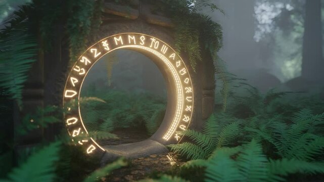 Mystical glowing portal in lush forest setting