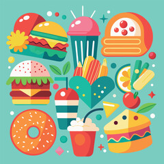 Cartoon Food Icons – Fun and Colorful Food Illustrations in Hand-Drawn Style – Vector Doodle Pack Featuring Snacks, Meals, and Ingredients for Kids or Culinary Designs