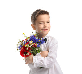 Smiling little boy with bouquet of beautiful flowers on white background
