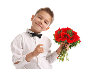 Cute little boy with bouquet of beautiful flowers on white background
