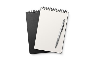 Spiral bound notebook mockup template with black paper cover isolated on a transparent background, PNG. High resolution.