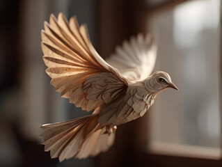 Origami Dove of Peace: A delicate paper dove, artfully folded, takes flight, symbolizing tranquility and harmony in a minimalist, photorealistic style.