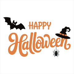 Happy Halloween Typography with Bat Spider and Witch Hat,Halloween Lettering Design with Decorative Elements,Hand Drawn Halloween Text with Bat and Witch Hat,Festive Halloween Calligraphy with Spide