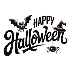 Happy Halloween Typography with Bat Spider and Witch Hat,Halloween Lettering Design with Decorative Elements,Hand Drawn Halloween Text with Bat and Witch Hat,Festive Halloween Calligraphy with Spide