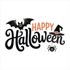 Happy Halloween Typography with Bat Spider and Witch Hat,Halloween Lettering Design with Decorative Elements,Hand Drawn Halloween Text with Bat and Witch Hat,Festive Halloween Calligraphy with Spide